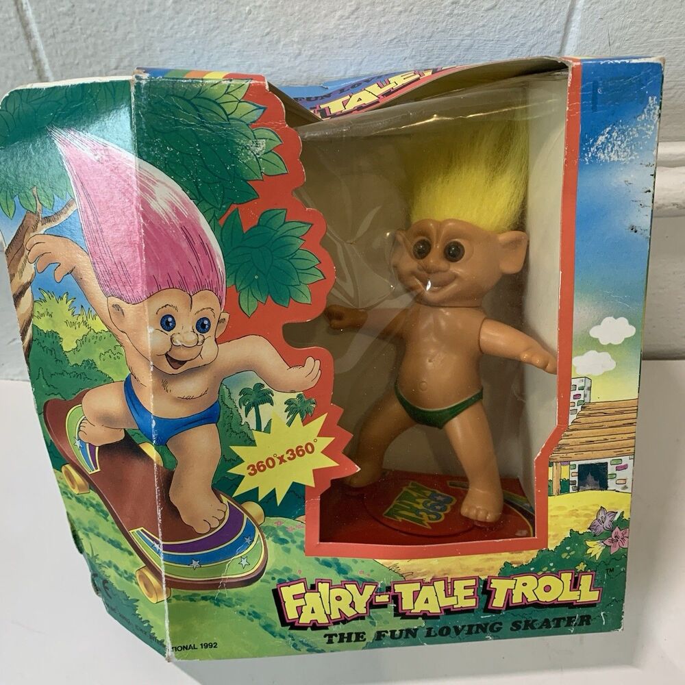 Vtg Toy Fairy-Tale Troll Doll 360 x 360  Skateboarding 1992 Yellow Hair Box